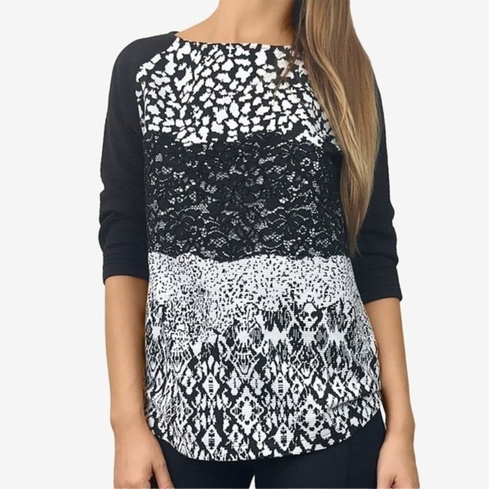Reiss Melinda Mixed Media Top Size‎ S Black White Cotton Blend Lace Abstract